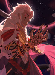  1boy absurdres arm_tattoo ars_almadel_salomonis_(fate) ars_paulina_(fate) black_nails bracelet braid cape dark-skinned_male dark_skin facial_hair facial_mark fate/grand_order fate_(series) hair_slicked_back hand_tattoo highres jewelry long_hair looking_at_viewer male_focus mikky_dksla neck_ring night red_eyes ring short_hair sky solo solomon_(fate) star_(sky) starry_sky tattoo upper_body white_hair 