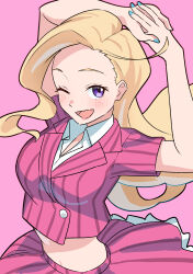  1girl absurdres arms_up blonde_hair breasts collared_shirt commentary cropped_jacket highres ikizulive!_love_live!_bluebird jacket konohana_aurora looking_at_viewer love_live! medium_breasts midriff parted_hair pink_background pink_jacket pinstripe_jacket pinstripe_pattern shirt short-sleeved_jacket short_sleeves solo tanaka_yaku upper_body violet_eyes what_is_my_life?_(love_live!) white_shirt 