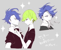  2others adjusting_another's_clothes androgynous asymmetrical_bangs black_necktie black_vest blue_eyes blue_hair blue_zoisite_(houseki_no_kuni) closed_mouth commentary_request cropped_torso from_side green_eyes green_hair green_nails grey_background houseki_no_kuni multiple_others necktie nervous open_mouth other_focus other_with_other peridot_(houseki_no_kuni) profile puffy_short_sleeves puffy_sleeves short_hair short_sleeves simple_background sparkle sweatdrop translation_request upper_body v-shaped_eyebrows vest yucco_kxoxc 