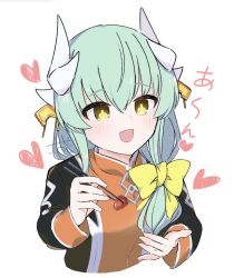  1girl blush bow chaldea_staff_uniform chopsticks cropped_torso dragon_horns fang fate/grand_order fate_(series) green_hair hair_bow heart highres holding holding_chopsticks horns jacket kiyohime_(fate) kouta_(kesigomutopen) long_sleeves multiple_horns official_alternate_costume simple_background skin_fang solo white_background yellow_bow yellow_eyes 