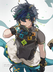  1boy antenna_hair apron artist_name black_apron black_gloves black_hair black_shirt blonde_hair blue_hair blue_pants body_markings bracelet braid cape collared_shirt cowboy_shot diamond-shaped_pupils diamond_(shape) dirty dirty_face earrings floating_cape genshin_impact gloves glowing glowing_eyes green_headband hair_between_eyes hand_on_own_face hand_up headband high_collar highres jewelry kinich_(genshin_impact) looking_at_viewer male_focus multicolored_hair pants shirt short_hair short_sleeves simple_background single_braid skg_g solo standing symbol-shaped_pupils teeth waist_cape watermark white_background white_cape yellow_eyes 