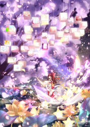  1girl absurdres bow box brown_hair cherry_blossoms closed_mouth commentary_request detached_sleeves emloste falling_petals frilled_bow frilled_hair_tubes frills hair_bow hair_tubes hakurei_reimu highres holding holding_box long_hair looking_at_viewer petals pink_petals red_bow red_eyes red_skirt ribbon-trimmed_sleeves ribbon_trim skirt skirt_set solo star_(symbol) touhou tree 