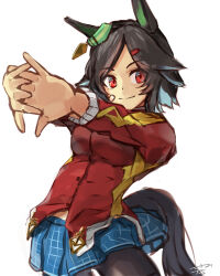  1girl absurdres animal_ears bandaid bandaid_on_cheek bandaid_on_face black_hair black_leggings blue_skirt breasts closed_mouth ear_ornament hair_ornament hairclip highres horse_ears horse_girl horse_tail interlocked_fingers jacket leggings leggings_under_skirt long_sleeves medium_breasts prototype_design red_eyes red_jacket sasami_oishine short_hair simple_background skirt smile stretching tail umamusume white_background winning_ticket_(get_to_winning!)_(umamusume) winning_ticket_(umamusume) 