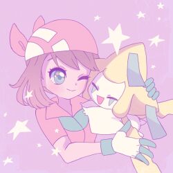  1girl ;) bandana black_gloves blue_eyes brown_hair closed_mouth commentary_request cropped_torso eyelashes gloves highres hug jirachi looking_at_another may_(pokemon) mkrn_grtn multicolored_gloves one_eye_closed pink_background pokemon pokemon_(creature) pokemon_ruby/sapphire/emerald shirt short_sleeves smile star_(symbol) star_in_eye symbol_in_eye two-tone_gloves upper_body white_gloves 