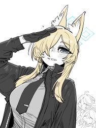  3girls :3 animal_ears black_gloves black_jacket blonde_hair blue_archive blush closed_eyes commentary dog_ears dog_girl fubuki_(blue_archive) gloves hair_between_eyes halo highres jacket kanna_(blue_archive) kirino_(blue_archive) looking_at_viewer multiple_girls necktie open_clothes open_jacket salute sharp_teeth simple_background smile ssambatea teeth 