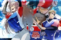  1girl 2boys :d arms_up ball baseball_(object) baseball_bat baseball_cap baseball_mitt baseball_stadium baseball_uniform belt bird black_belt black_hair black_shirt black_undershirt blonde_hair blue_shirt blue_sky breasts brown_hair closed_eyes clouds cloudy_sky dark-skinned_male dark_skin day ear_piercing earrings eyepatch furen_e_lustario green_eyes grey_hair group_name hat highres holding holding_baseball_bat ibrahim_(nijisanji) jewelry large_breasts lens_flare long_hair multicolored_shirt multiple_boys nijisanji nijisanji_en nijisanji_koshien one_eye_covered open_mouth outdoors pants piercing purple_hair red_hat red_shirt shirt shirt_tucked_in short_hair sky smile sportswear summer sweat takayama_shinobu tearing_up vantacrow_bringer virtual_youtuber white_bird white_pants white_shirt wing_hat_ornament 