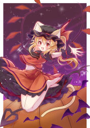  1girl absurdres alternate_color animal_ears ascot banfen_mocha_mashu barefoot bat_(animal) black_hat blonde_hair blush cat_ears cat_girl cat_tail commentary_request crystal crystal_wings fang flandre_scarlet frilled_skirt frills full_body halloween halloween_costume hat highres laevatein_(touhou) long_hair looking_at_viewer mob_cap open_mouth orange_skirt orange_vest puffy_short_sleeves puffy_sleeves pumpkin red_eyes short_sleeves skirt skirt_set smile solo tail touhou vest wings wrist_cuffs 