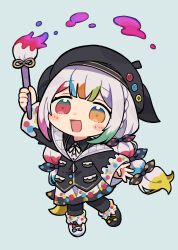  1girl :d absurdly_long_hair absurdres arm_up asymmetrical_footwear badge beret black_hat black_jacket black_pants black_ribbon black_shoes black_skirt blue_eyes blush_stickers bow braid button_badge chibi chibi_only colored_tips full_body green_eyes grey_background hat heterochromia highres holding holding_paintbrush jacket jogasaki_noah long_hair looking_at_viewer low_twintails mahou_shoujo_no_majo_saiban mismatched_footwear multi-tied_hair multicolored_eyes multicolored_hair neck_ribbon open_mouth orange_eyes paint paintbrush pants pleated_skirt polka_dot polka_dot_bow polka_dot_skirt quilted_jacket red_eyes ribbon sasa_kichi shoes simple_background skirt smile solo twintails two-sided_fabric two-sided_jacket two-tone_eyes two-tone_skirt very_long_hair white_hair white_shoes white_skirt 