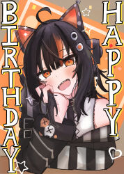  1girl :d absurdres ahoge animal_ear_headphones animal_ears arm_belt asymmetrical_sleeves bare_shoulders belt_collar black_choker black_hair black_sweater cat_ear_headphones cat_ears choker collar eyeball_hair_ornament fake_animal_ears happy_birthday head_on_hand headphones highres holding_own_hair long_sleeves looking_at_viewer mahou_shoujo_no_majo_saiban multicolored_hair off-shoulder_sweater off_shoulder open_mouth orange_eyes orange_streaks sawatari_coco sharp_teeth shirt short_hair single_bare_shoulder smile solo streaked_hair striped_sleeves sweater teeth upper_body upper_teeth_only user_yhmd3838 white_shirt 