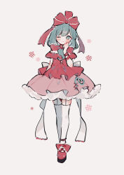  1girl ;) absurdres arm_ribbon bow closed_mouth dress frilled_ribbon frills front_ponytail full_body garter_straps green_eyes green_hair hair_bow hair_ribbon highres kagiyama_hina long_hair nig_18 one_eye_closed puffy_short_sleeves puffy_sleeves red_bow red_dress red_ribbon ribbon short_sleeves simple_background smile solo thigh-highs touhou white_background white_thighhighs 