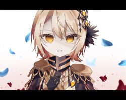  1girl aiguillette black_coat black_gloves blonde_hair bug butterfly coat commentary_request curtained_hair diamond_hair_ornament epaulettes falling_petals gloves hair_ornament hasumi_leia high_collar highres hykhr_numn long_sleeves looking_at_viewer mahou_shoujo_no_majo_saiban petals portrait red_butterfly sash short_hair shoulder_sash simple_background smile solo straight-on white_background yellow_eyes 