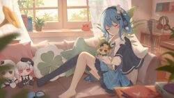  1girl absurdres aplior black_bow black_capelet black_pantyhose blue_hair blue_necktie blue_skirt bow capelet character_doll closed_eyes closed_mouth collared_shirt couch doll fumo_(doll) grey_vest hair_bow hair_rings headphones highres hikami_meruru holding holding_doll mahou_shoujo_no_majo_saiban necktie on_couch pantyhose plaid_clothes plaid_skirt sakuraba_ema shirt short_hair single_leg_pantyhose skirt smile solo tachibana_sherry tono_hanna vest white_shirt 
