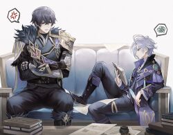  2boys armor black_gloves black_hair black_jacket black_pants black_shirt black_shoes book couch crossed_arms fur_trim genshin_impact gloves grey_hair highres holding holding_book jacket jeieyeart long_sleeves male_focus mitya_(genshin_impact) multiple_boys on_couch pants paper shirt shoes short_hair shoulder_armor valeriy_(genshin_impact) violet_eyes white_gloves 