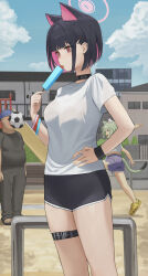  1boy 2girls :p absurdres alternate_costume animal_ears ball black_hair black_shorts blue_archive blue_sky cat_ears cat_girl cat_tail clouds colored_inner_hair commentary_request crossover day dolphin_shorts dolri food green_hair halo hand_on_own_hip highres holding holding_food holding_popsicle kazusa_(blue_archive) licking multicolored_hair multiple_girls ootani_ouya outdoors pink_hair pink_halo popsicle purple_shorts red_eyes satou_yaniko shirt shorts sky soccer_ball standing t-shirt tail tongue tongue_out two-tone_hair white_shirt yani_neko 