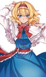  1girl alice_margatroid blonde_hair blue_dress blue_eyes blush bow bowtie breasts closed_mouth commentary_request cowboy_shot dress frilled_hairband frilled_sleeves frills hair_intakes hairband highres long_sleeves looking_at_viewer medium_breasts medium_hair nekomiya_mizuki red_bow red_bowtie simple_background solo touhou wavy_hair white_background 