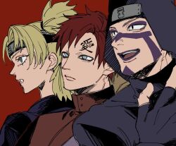  1girl 2boys 4nuk_xx black_gloves black_headband black_hood black_kimono black_robe blonde_hair blue_eyes brother_and_sister brothers brown_jacket closed_mouth facepaint fingerless_gloves gaara_(naruto) gloves green_eyes hair_tie headband highres hood hood_up jacket japanese_clothes kankurou_(naruto) kimono medium_hair multiple_boys naruto_(series) naruto_shippuuden no_eyebrows open_mouth parted_bangs parted_lips purple_lips quad_tails red_background red_hair robe scar scar_on_face scar_on_forehead short_hair siblings temari_(naruto) 