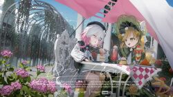  2girls absurdres beret black_bow black_bowtie black_capelet black_coat black_flower black_hat black_rose blonde_hair bonnet bow bow_flower bowtie cake cake_slice capelet checkered_tablecloth chinese_commentary closed_eyes coat collared_coat commentary_request dress drink english_text feeding flower flower-trimmed_shorts flower-trimmed_sleeves food fork frilled_capelet frilled_dress frilled_sleeves frills gradient_hair green_bonnet green_eyes hair_between_eyes hair_flower hair_ornament hat hat_flower hat_ribbon highres holding holding_fork ice_cream ice_cream_float layered_dress lolita_fashion long_hair long_sleeves mahou_shoujo_no_majo_saiban multicolored_hair multiple_girls neck_ribbon o-ring o-ring_thigh_strap open_mouth pants parfait pink_hair ribbon rose sakuraba_ema shirt short_hair shorts sky sleeveless sleeveless_coat smile teeth thigh_strap tono_hanna twintails two-tone_dress upper_teeth_only white_flower white_hair white_pants white_ribbon white_rose white_shirt white_shorts white_sleeves wide_sleeves winged_hat x_hair_ornament yellow_flower yellow_rose yuri yuwenyueyao 