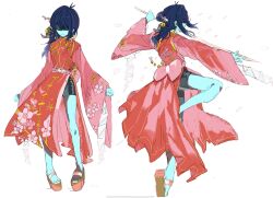  1other androgynous bare_legs barefoot bell black_shorts blue_hair blue_skin brown_sandals chinese_clothes colored_skin deltarune dress floral_print floral_print_dress flower grey_ribbon hair_bell hair_bun hair_flower hair_ornament hair_ribbon highres holding holding_weapon kris_(dark_world)_(deltarune) kris_(deltarune) long_sleeves mandarin_collar no_socks other_focus pink_dress platform_sandals ponytail print_dress qipao red_dress ribbon sandals shaded_face short_hair shorts simple_background utdr_(toby_fox) uuu1092 weapon white_background 