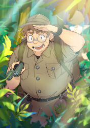  1boy 1girl binoculars blue_hair brown_hair brown_pants brown_shirt commentary_request diffraction_spikes dragon_horns glasses helmet holding holding_binoculars horns jungle lens_flare licht_(housamo) melusine_(housamo) nature open_mouth pants pith_helmet pointy_ears purasu_no_konbu shirt smile sweatdrop tokyo_afterschool_summoners 
