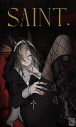  1girl absurdres animal_ears arata_savage black_boots black_dress black_pantyhose black_veil blue_eyes boots brown_hair coif cross dream_journey_(umamusume) dress eyewear_strap fishnet_pantyhose fishnets glasses hair_between_eyes highres horse_ears horse_girl jewelry long_hair long_sleeves looking_at_viewer multicolored_hair multiple_rings nun nun_headdress pantyhose red_nails ring solo streaked_hair traditional_nun umamusume veil white_hair 