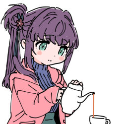 1girl bloom_garden_party_jacket blue_sweater blush_stickers closed_mouth commentary_request cup flower green_eyes hair_bun hair_flower hair_ornament hair_over_shoulder holding holding_teapot hood hood_down hooded_jacket jacket long_hair long_sleeves love_live! love_live!_hasu_no_sora_jogakuin_school_idol_club love_live!_hasu_no_sora_jogakuin_school_idol_club_bloom_garden_party open_clothes open_jacket otomune_kozue pink_jacket pouring purple_hair red_flower ribbed_sweater shinanoya_(satanicad) side_ponytail sidelocks single_side_bun smile solo sweater tassel tassel_hair_ornament tea teacup teapot turtleneck turtleneck_sweater 