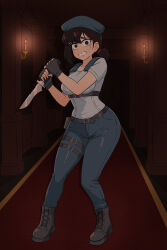  1girl absurdres beret black_gloves blue_hat blue_pants blue_shirt brown_hair chainsaw_man combat_knife commentary commission commissioner_upload cosplay crying crying_with_eyes_open english_commentary fingerless_gloves gloves hair_ornament hairclip hat higashiyama_kobeni highres holding holding_knife holding_weapon jill_valentine jill_valentine_(cosplay) knife mansion mrpatolampara multiple_moles pants resident_evil resident_evil_1 s.t.a.r.s._uniform shirt shoulder_pads solo tears weapon 