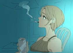  1girl ashtray beer_can black_shirt can cigarette commentary_request drink_can girls_band_cry green_eyes grey_hair holding holding_can korean_commentary mole mole_under_eye rupa_(girls_band_cry) shirt sleeveless sleeveless_shirt smoke smoking solo yuri_mandu 
