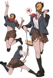  1boy arms_up black_hair black_shirt black_shoes black_socks black_sweater_vest broom brown_skirt collared_shirt commentary_request crossdressing crossdressing_(mtf) double_v english_commentary full_body heart holding holding_broom holding_microphone jacket lapels long_sleeves male_focus mask microphone midriff mixed-language_commentary multiple_views naruto_(series) naruto_shippuuden neckerchief open_clothes open_jacket pain_losing pleated_skirt red_neckerchief shirt shoes short_hair skirt socks speech_bubble spoken_heart sweater_vest uchiha_obito v very_short_hair white_shirt wing_collar 