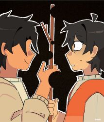  2boys artist_name black_background black_hair closed_mouth distress false_memory guan_chao_(false_memory) he_mingshuo high-visibility_clothing high-visibility_vest highres holding holding_stick long_sleeves looking_at_another male_focus multiple_boys no_eyes outline shirt short_sleeves simple_background smile stick sweatdrop teocrsh white_outline white_shirt 