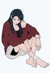  1girl arm_on_knee bandages black_tank_top blue_background blue_hair bracelet crossed_ankles earrings eun_dohae full_body happiness_rides_a_broomstick highres jacket jewelry knees_up layered_clothes long_hair long_sleeves looking_at_viewer official_art shorts simple_background single_off_shoulder sitting sleeveless smirk tank_top yellow_eyes yeongol 