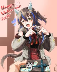 1girl 1other 2025 absurdres animal_ear_piercing animal_ears bare_shoulders black_sweater blue_hair blue_ribbon blush box brown_hair commentary_request daitaku_helios_(umamusume) eyelashes facial_mark fang gift gift_box grey_jacket hair_between_eyes hair_ornament hairclip happy_valentine heart heart_facial_mark heart_hair_ornament highres holding holding_box holding_gift horse_ears horse_girl horse_tail jacket long_hair long_sleeves multicolored_hair neck_ribbon off_shoulder one_side_up open_mouth outline pink_background pink_outline pov red_ribbon red_skirt ribbon sidelocks skirt sleeveless sleeveless_sweater smile solo_focus sweater tail teeth twitter_username two-tone_hair uma_motiyodor umamusume yellow_eyes 