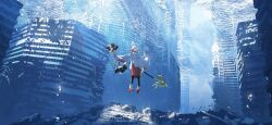  1girl asteroid_ill atmospheric_perspective building chihaya_(clothing) commentary_request day fish floating geta hakama hakama_skirt highres japanese_clothes light_rays miko original outdoors ruins shakujou skirt staff sunbeam sunlight tabi tengu-geta underwater 