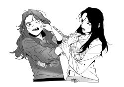  2girls blush bumped_into_x cha_dahm cheek_pinching clothes_grab commentary_request facing_another fighting furrowed_brow greyscale highres holding_another's_wrist je_minjin korean_commentary long_hair long_sleeves looking_at_another monochrome multiple_girls official_art one_eye_closed open_mouth pants pinching sweatdrop sweater upper_body yeongol yuri 