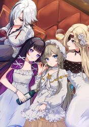  4girls arlecchino_(genshin_impact) arlecchino_(the_final_gift)_(genshin_impact) blonde_hair bonnet bottle brown_hair columbina_(genshin_impact) columbina_(the_final_gift)_(genshin_impact) cup drinking_glass eye_mask frilled_nightgown genshin_impact hair_ornament head_wings highres holding holding_cup lying mask mask_over_one_eye multicolored_hair multiple_girls multiple_wings nightgown on_back on_side one_eye_covered pajamas pinocle purple_hair red_pupils sandrone_(genshin_impact) sandrone_(the_final_gift)_(genshin_impact) short_hair_with_long_locks signora_(genshin_impact) signora_(the_final_gift)_(genshin_impact) sleepover sleepwear white_bonnet white_gown white_hair white_nightgown white_pajamas wine_bottle wine_glass wing_hair_ornament wings 