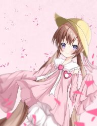  aged_up asymmetrical_legwear bad_id bad_pixiv_id bloomers brooch brown_hair collared_dress dress hat heart heart_brooch jewelry kindergarten_uniform low_twintails nakatomi name_tag petals pink_background pink_dress pink_petals pink_sleeves pink_theme school_hat sleeves_past_fingers sleeves_past_wrists tsukuyomi_ai twintails uneven_legwear violet_eyes voiceroid white_bloomers yellow_hat 