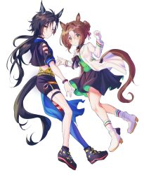  2girls absurdres air_shakur_(umamusume) air_shakur_(unsigned)_(umamusume) animal_ears ascot black_hair black_jacket black_shoes black_shorts black_skirt blue_theme blush brown_hair camellia_(camel_mal) closed_mouth clover clover_hair_ornament cropped_jacket ear_chain eyebrow_piercing face_piercing fine_motion_(noble_seamair)_(umamusume) fine_motion_(umamusume) gloves green_eyes green_vest hair_between_eyes hair_bun hair_ornament highres horse_ears horse_girl horse_tail jacket linked_piercing long_hair long_sleeves looking_at_viewer multicolored_hair multiple_girls open_clothes paint_on_clothes piercing shirt shoes short_sleeves shorts single_hair_bun single_thighhigh skirt smile socks tail thigh-highs thigh_strap umamusume vest white_ascot white_gloves white_hair white_jacket white_shoes white_socks yellow_eyes yellow_shirt 
