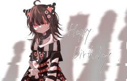  1girl ahoge animal_ear_headphones animal_ears arm_belt asymmetrical_sleeves bare_shoulders belt belt_collar black_choker black_hair black_sweater cat_ear_headphones cat_ears choker closed_mouth collar collarbone commentary_request eyeball_hair_ornament fake_animal_ears happy_birthday headphones highres kk_moe_moe_kyun long_sleeves looking_at_viewer mahou_shoujo_no_majo_saiban multicolored_hair off-shoulder_sweater off_shoulder orange_eyes orange_streaks sawatari_coco shirt short_hair simple_background single_bare_shoulder skull solo streaked_hair striped_sleeves stuffed_animal stuffed_cat stuffed_toy sweater upper_body white_background white_shirt 