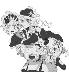  2girls arki_hrzoi artist_name asymmetrical_footwear bird_hat bonnet bow bowtie braid braided_hair_rings capelet carrying closed_mouth collared_shirt dress frilled_capelet frilled_dress frilled_sleeves frills hair_rings hat highres layered_dress layered_sleeves let's_draw_short-haired_hinanawi_tenshi long_sleeves mahou_shoujo_no_majo_saiban mismatched_footwear monochrome multiple_girls open_mouth princess_carry shirt signature simple_background smile tachibana_sherry tono_hanna twitter_username wide_sleeves yuri 