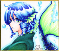  1girl blue_hair blue_lips bubble drill_hair drill_sidelocks fins fish_tail from_side gradient_hair green_eyes green_hair green_kimono head_fins japanese_clothes kimono looking_at_viewer medium_hair merfolk mermaid monster_girl multicolored_hair seigaiha shikishi sidelocks solo tail touhou traditional_media upper_body wakasagihime warugaki_(sk-ii) 