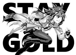  1girl animal_ears asymmetrical_gloves boots character_name coat commentary_request ear_covers fang fingerless_gloves gloves goggles goggles_around_neck greyscale hair_between_eyes highres horse_ears horse_girl horse_tail long_hair mismatched_gloves monochrome multicolored_hair open_mouth pants raijoman running shirt single_fingerless_glove smile solo stay_gold_(sunlit_outsider)_(umamusume) stay_gold_(umamusume) tail teeth torn_clothes torn_coat torn_pants umamusume wrist_belt 
