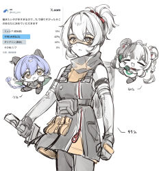  3girls animal_ears bare_shoulders black_gloves black_hair blue_hair braid closed_eyes closed_mouth commentary_request corded_phone dialyn_(zenless_zone_zero) gloves goat_ears goat_girl goat_horns goggles hair_between_eyes highres holding holding_sword holding_weapon horns long_hair looking_at_viewer lucia_elowen multicolored_hair multiple_girls open_mouth orange-tinted_eyewear orange_eyes phone pointy_ears ponytail short_hair simple_background sketch soldier_11_(zenless_zone_zero) split-color_hair sword talking_on_phone tinted_eyewear translation_request twitter_screenshot vvo_uvv weapon white_background white_hair yellow_eyes zenless_zone_zero 