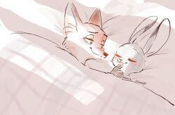  1boy 1girl :3 animal_ears animal_nose artist_name blush body_fur brown_fur closed_eyes closed_mouth commentary_request finger_to_another's_mouth fox_boy fox_ears furry furry_female furry_male furry_with_furry green_eyes grey_fur half-closed_eyes hand_up happy hetero highres interspecies judy_hopps looking_at_another meme_(penpengusa_no_meme) multicolored_fur nick_wilde orange_fur rabbit_ears rabbit_girl raised_inner_eyebrows signature sketch sleeping smile snout u_u under_covers white_fur window_shadow zootopia 