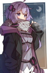  1girl ahoge black_jacket blush border bright_pupils commentary_request crescent_moon double-parted_bangs dress grey_scarf hair_between_eyes hair_ornament hand_up highres jacket long_sleeves moon open_clothes open_jacket outside_border purple_dress purple_hair scarf short_dress short_hair_with_long_locks sleeves_past_wrists solo tetenka upper_body violet_eyes vocaloid voiceroid white_border white_pupils yuzuki_yukari 