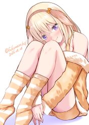  1girl animal_ears bang_dream! bang_dream!_it's_mygo!!!!! blonde_hair blush closed_mouth commentary dog_ears dress fake_animal_ears fukumaru1021 highres hugging_own_legs long_sleeves looking_at_viewer medium_hair misumi_uika orange_dress orange_shorts orange_socks shorts simple_background sitting socks solo striped_clothes striped_socks violet_eyes white_background 
