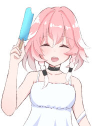  1girl 3zup8 aged_down bare_shoulders black_collar braid breasts changli_(wuthering_waves) closed_eyes collar collarbone colored_tips commentary dress facing_viewer food highres holding holding_food holding_popsicle medium_breasts multicolored_hair open_mouth pink_hair popsicle simple_background smile solo twin_braids upper_body white_background white_dress wuthering_waves 