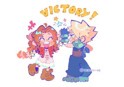  1boy 1girl aerith_gainsborough aqua_eyes armor belt blonde_hair blue_gloves blue_pants blue_shirt blush boots bracelet braid braided_ponytail brown_belt brown_boots brown_hair chibi chibi_only closed_eyes closed_mouth cloud_strife commission dress earrings final_fantasy final_fantasy_vii final_fantasy_vii_remake gloves gold_bangle grey_boots hair_ribbon hand_on_own_hip hetero high_five jacket jewelry jjulia_28 long_hair looking_at_another multiple_bracelets open_mouth pants parted_bangs pauldrons pink_dress pink_ribbon red_jacket ribbed_shirt ribbon second-party_source shirt short_hair shoulder_armor sidelocks silver_bangle single_braid single_earring single_pauldron smile smug spiky_hair standing standing_on_one_leg stud_earrings suspenders twitter_username white_background 