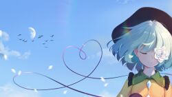 1girl absurdres bird black_hat blue_sky buttons chinese_commentary closed_eyes closed_mouth collared_shirt commentary_request day diamond_button disembodied_linked_eye eyeball facing_viewer flower frilled_shirt_collar frills green_hair hat heart heart_of_string highres komeiji_koishi moon rose shirt sky smile solo touhou upper_body white_flower white_rose yellow_shirt z0xy439 