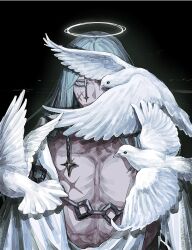  1boy abs animal azrael_(fate) azrael_(second_ascension)_(fate) bare_pectorals bird black_background blue_eyes blue_hair cape chain commentary_request empty_eyes fate/grand_order fate_(series) halo highres long_hair male_focus nureta_dog one_eye_covered parted_hair pectorals robe scar scar_on_cheek scar_on_chest scar_on_face solo upper_body white_cape white_robe 