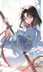  1girl ahoge bloom blue_eyes blurry blurry_foreground brown_hair commentary curtained_hair enoharatoki fate/grand_order fate_(series) highres holding holding_sword holding_weapon japanese_clothes kara_no_kyoukai katana kimono looking_at_viewer mystic_eyes_of_death_perception obi obiage obijime parted_lips print_kimono red_ribbon ribbon ryougi_shiki sash sheath short_hair sitting solo sword unsheathing upper_body void_shiki weapon white_background white_kimono wide_sleeves 