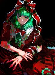  1girl bow commentary_request dress frilled_bow frilled_ribbon frills green_eyes green_hair grin hair_bow highres kagiyama_hina kuya_(hey36253625) long_hair looking_at_viewer red_bow red_dress red_ribbon ribbon smile solo touhou wrist_ribbon 